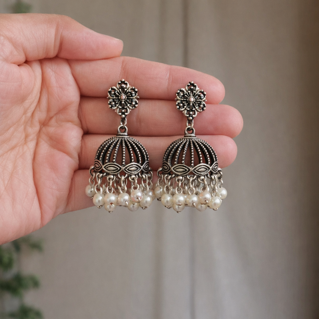 Silver Pearl Jhumka Earrings