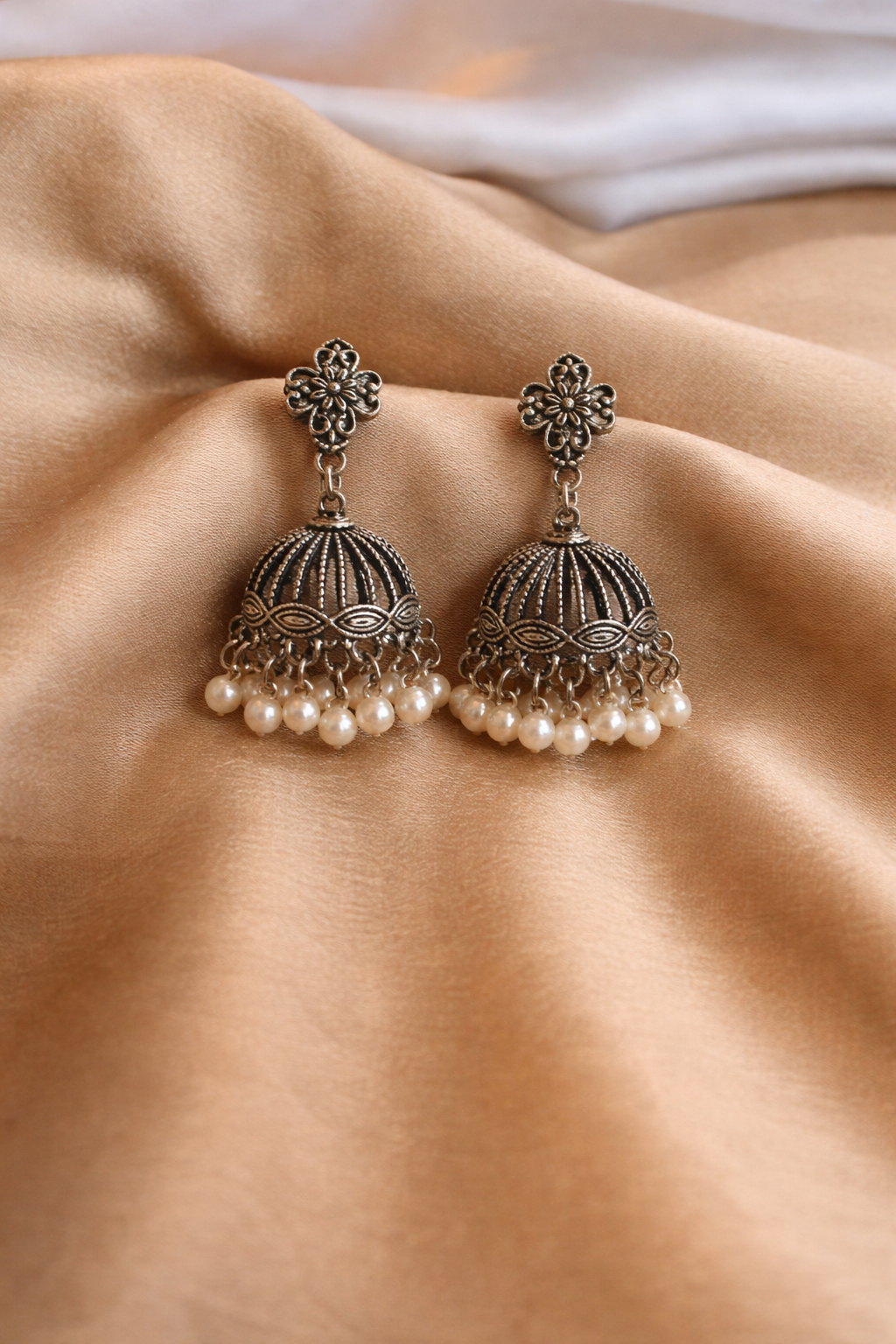 Silver Pearl Jhumka Earrings