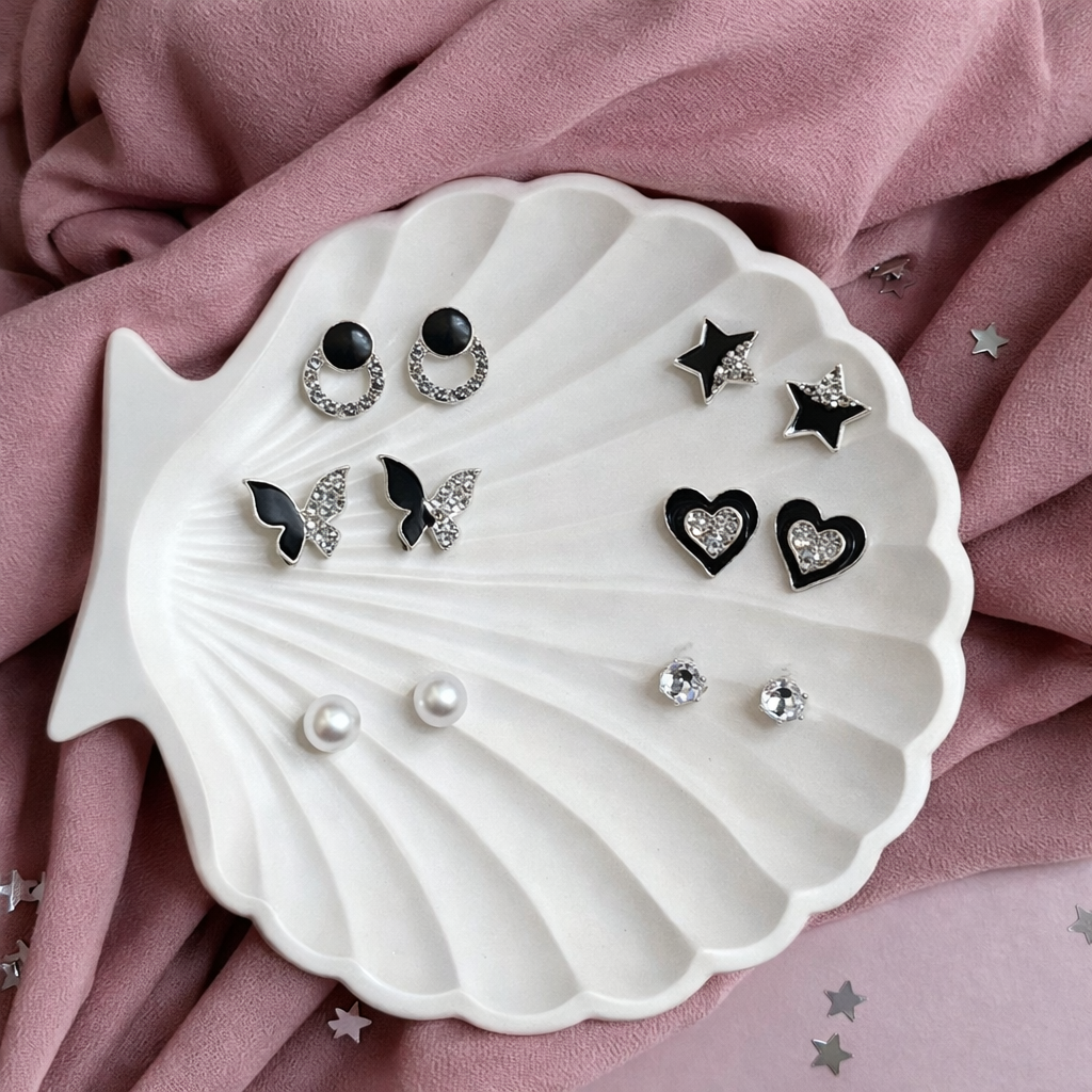 Black & Silver Glam Stud Earring Collection - 5 Pair Set